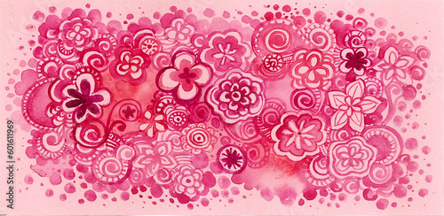 Pattern of pink flowers and ornament. Circles  dots  spirals  swirls  decorative elements. Different shades of pink.