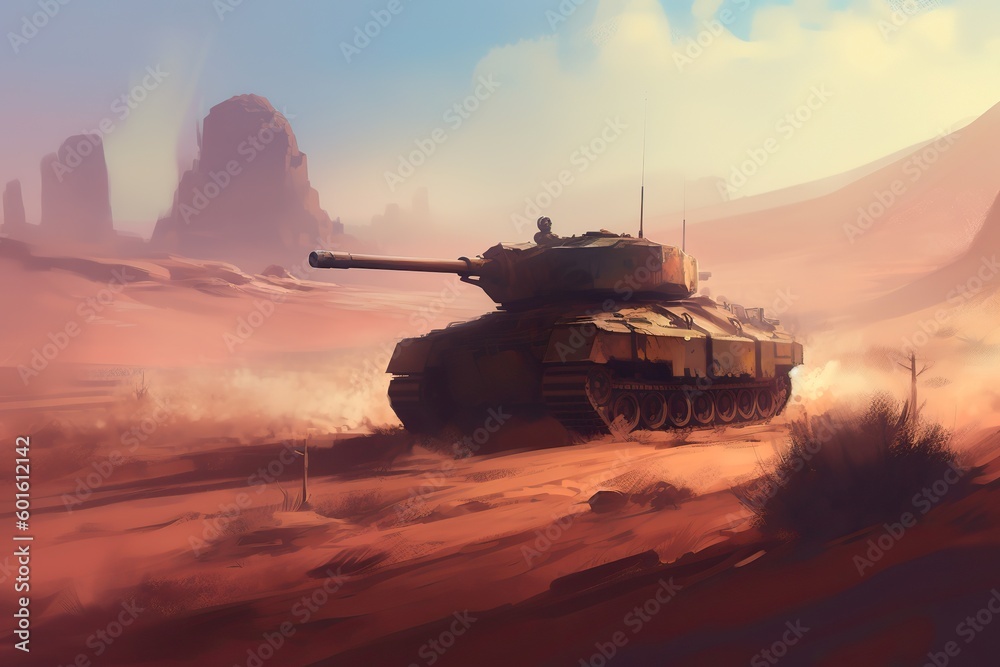 Illustration of A tank plowing through the rough terrain of a desert, Generative AI Illustration of A tank plowing through the rough terrain of a desert, Generative AI
