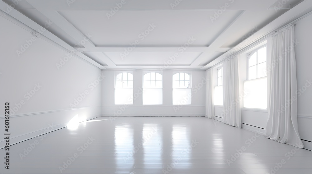 white empty room with large windows. gallery template for nft art. classic style