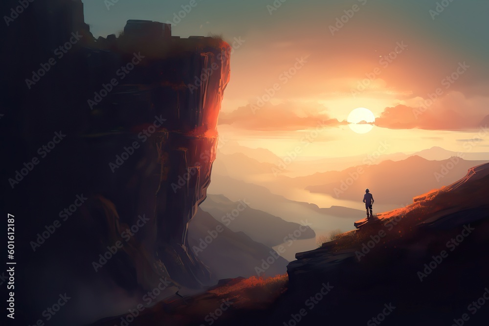 Illustration of  A man crosses a cliff against a sky with late afternoon sun, Generative AI
