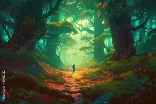 Illustration of A fantasy high-tech forest with glowing pathways, Generative AI