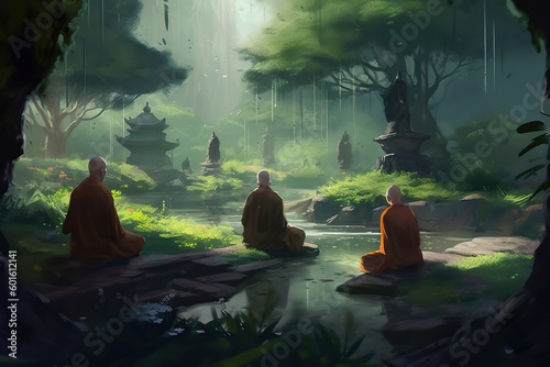 Illustration of  A group of monks meditating in a serene garden  Generative AI