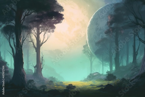Illustration of  a fantasy forest landscape setting with big trees, and planets inside, Generative AI © Creative Division