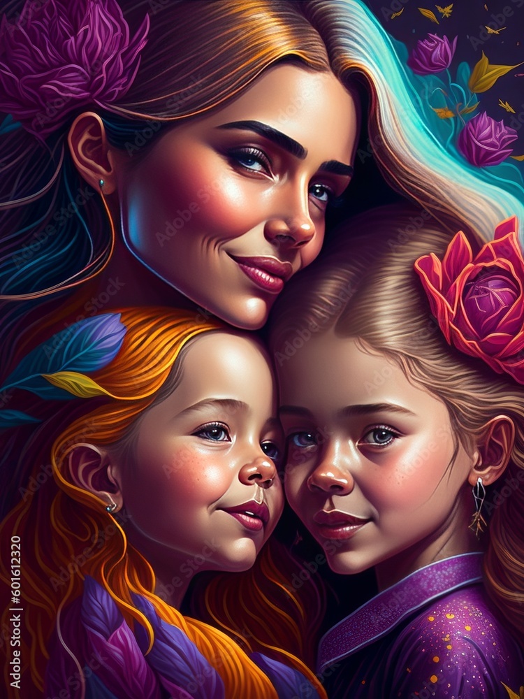 Fototapeta premium 3D Colorful Illustration for Mother's Day Celebration, Mom and Child Hugging, Floral Frame, Modern Bright Shiny Colour, Generative AI