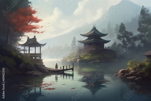 Illustration of A mystical lake shrouded in mist, with a traditional Japanese shrine, Generative AI
