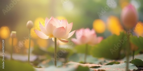 Lotus flower plants in garden pond with blurred background. Generative AI. © Pro Hi-Res