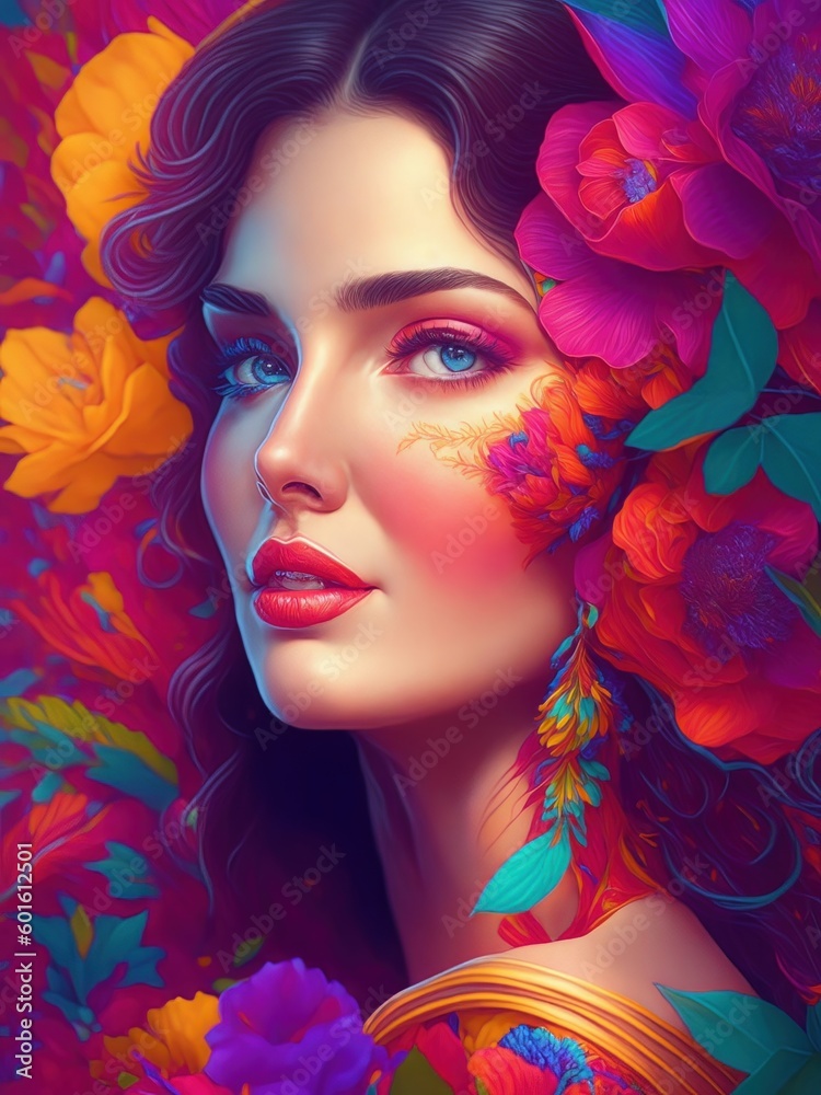 3D Colorful Illustration of Beautiful Woman, Floral Frame, Magical Modern Bright Shiny Colour Make-Up, Generative AI