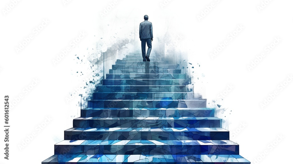 Businessman ascending a staircase, symbolizing success and the pursuit of goals, sketch style illustration. Determination and upward movement in the business world. Generative AI