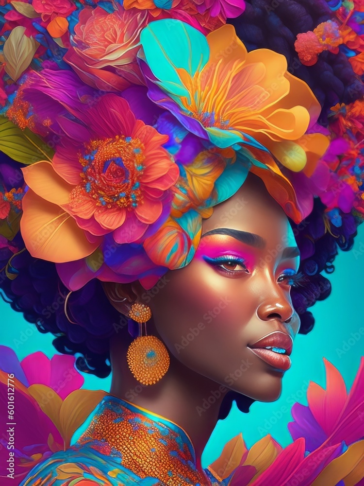 3D Colorful Illustration of Beautiful Black Woman, Floral Concept, Magical Modern Bright Shiny Colour Make-Up, Generative AI