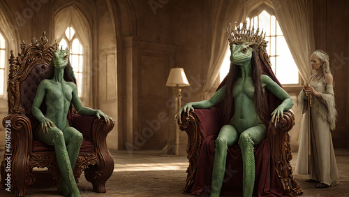 lizard humanoid rulers green skinned queen and king sitting on throne in castle  older slave human woman in white dress looking at them  generative AI