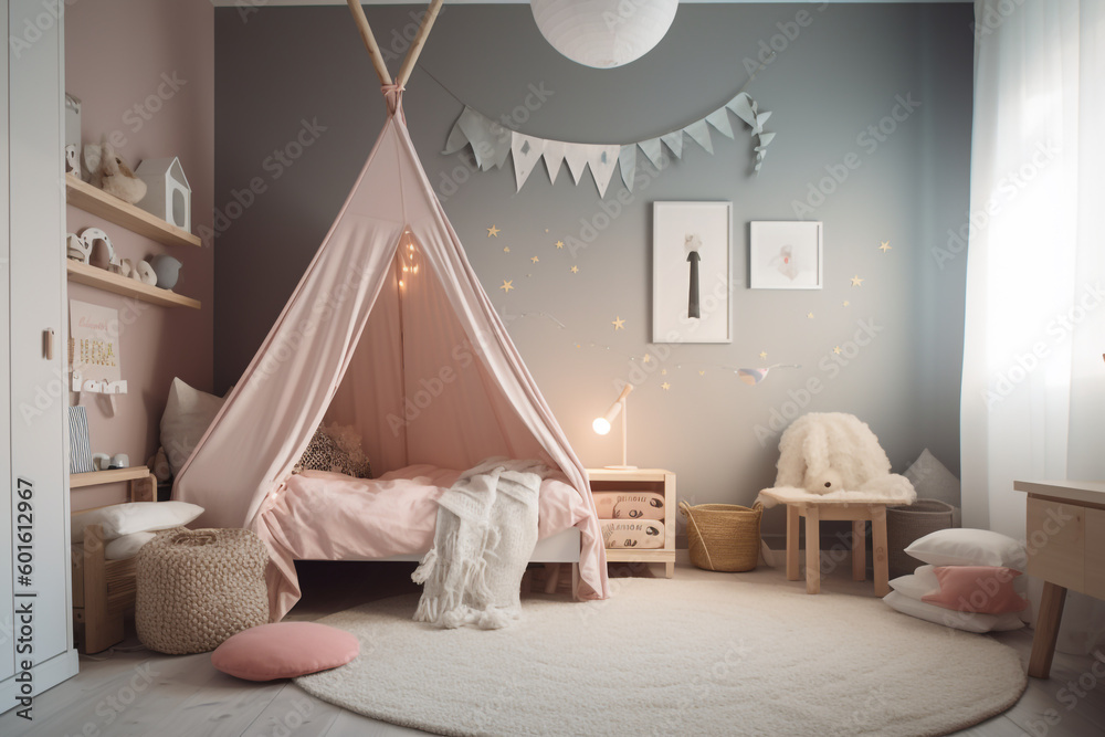 Scandinavian Design Kids Bedroom with Soft Lighting and Canopy Tent Bed, Generative AI Scandinavian Design Kids Bedroom with Soft Lighting and Canopy Tent Bed, Generative AI
