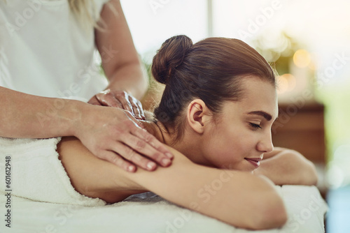 Relax, beauty and massage with woman in spa for wellness, luxury and cosmetics treatment. Skincare, peace and zen with female customer and hands of therapist for physical therapy, salon and detox
