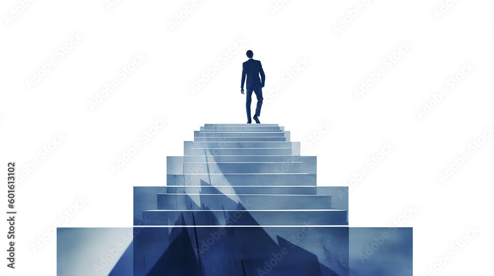 Businessman ascending a staircase, symbolizing success and the pursuit of goals, sketch style illustration. Determination and upward movement in the business world. Generative AI