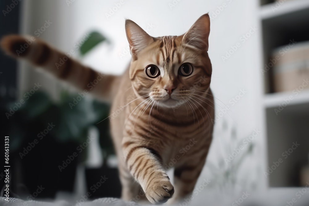Cute Cat Running in Living Room Close Up. Pet Animal Close Up in Beautiful House. Generative AI illustrations.