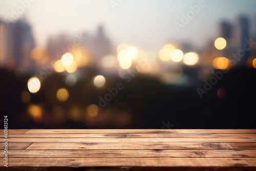 urban blurred background with bokeh and empty wooden table in the foreground