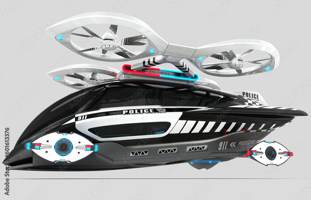 3D illustration of a conceptual flying multifunctional police quadcopter, designed for two passengers.