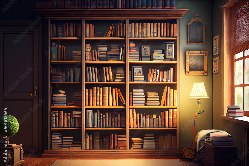 Cozy home library interior with collection of different books. Generative Ai