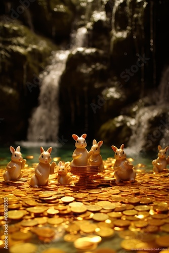 group of Cute Golden Rabbits on a pile of gold coin, waterfall as a background, Chinese lunar new year, generative ai