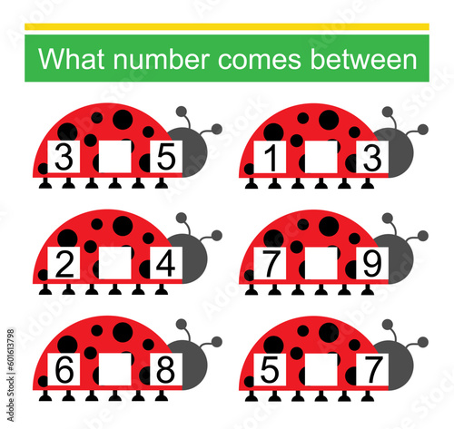 What number comes between? Math worksheets for kids. Vector illustration.