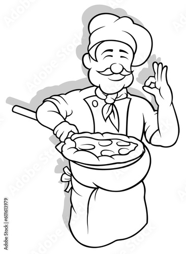 Drawing of a Chef Holding a Pizza