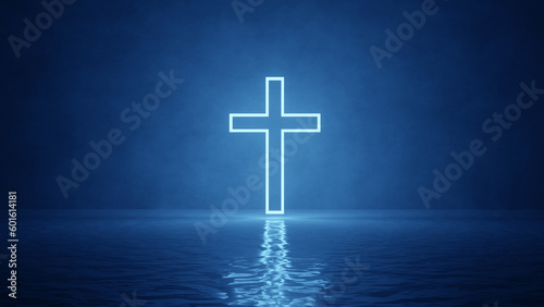 Jesus cross symbol with emitting light on a holy water place 3D 