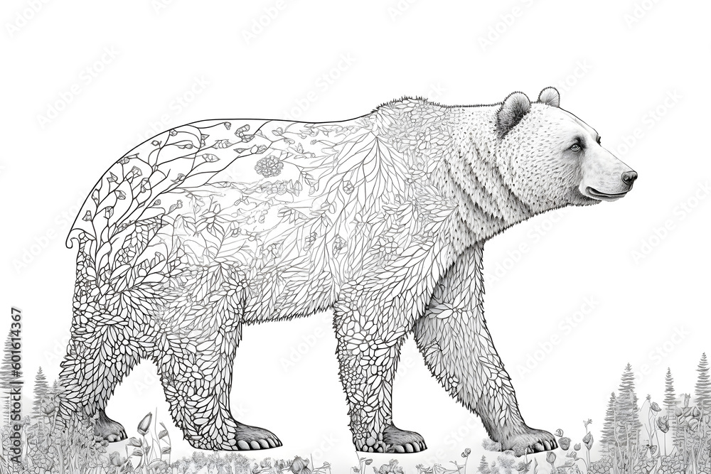 Brown bear. Black and white coloring page created with generative AI