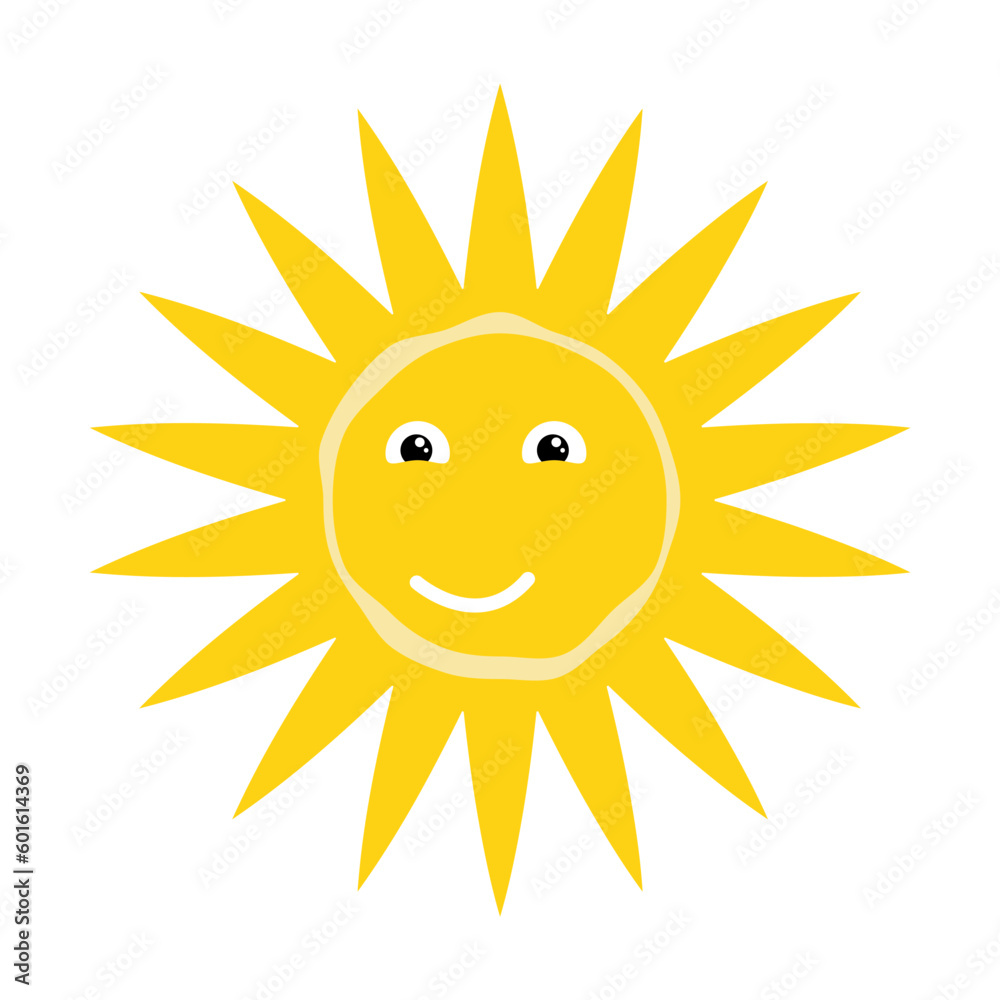 Stylized yellow summer sun funny character with smiling face. Sun icon with different shapes of rays. Simple Vector isolated on white background