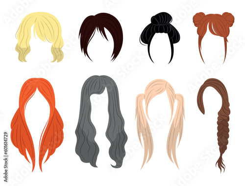 Set of beautiful hairstyles in cartoon style. Vector illustration of various female hairstyles with short and long hair: straight hair, wavy, with buns, pigtails, tails isolated on a white background.