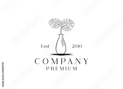 beautiful flower plant logo in vase or flowerpot in line art design style
