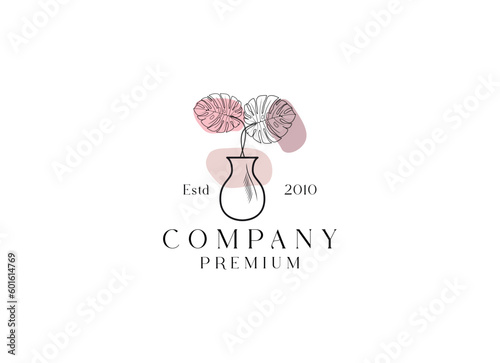 beautiful flower plant logo in vase or flowerpot in line art design style