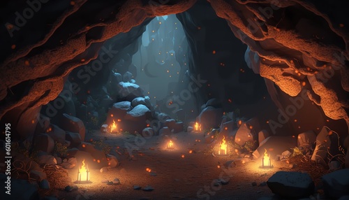 Fire-lit cave. Apocalypse simulation in a subterranean lava cave. Generative Ai.