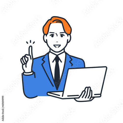 PCを持って説明するスーツを着た若い男性のシンプルなベクターイラスト素材