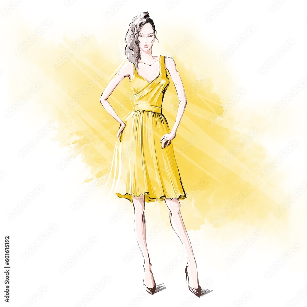 Girl in a yellow summer dress. Fashion illustration. Large format.