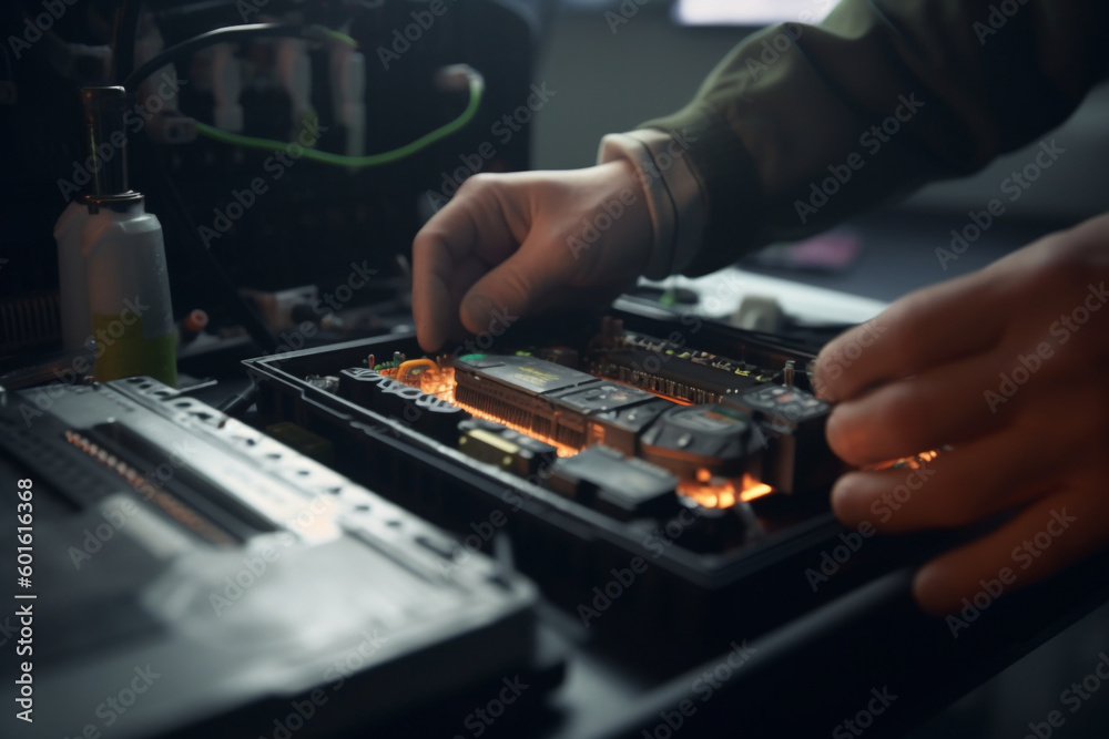 Hands of car mechanic working repair in auto repair Service electric battery and Maintenance of car battery. Check the electrical system inside the car, Generative AI Hands of car mechanic working repair in auto repair Service electric battery and Maintenance of car battery. Check the electrical system inside the car, Generative AI