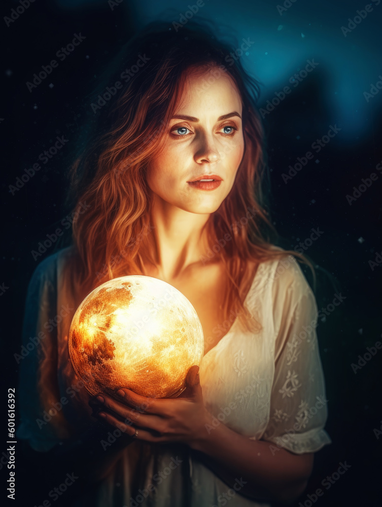 Naklejka premium Woman holding a big glowing sphere moon. generative ai.