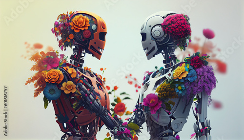 Humanoid robot couple holding hands Ai generated image