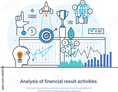 Analysis of financial results activities business strategy, management. Data analysis, statistics, banking, growth of economic, business investment in economy sector thin line design of vector doodles