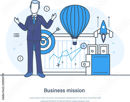 Business mission, vision statement and values of company. Strategic business planning, competitive intelligence, goals achievement, philosophy, brand success thin line design of vector doodles