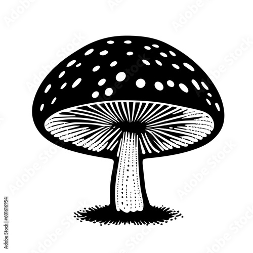 Black hand-drawn vector illustration of One fresh mushroom Fly agaric isolated on a white background