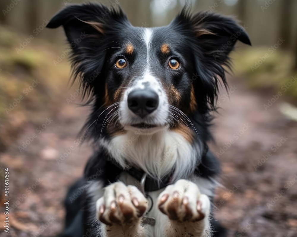 A border collie begs cutely, posing with its paws. (Generative AI)