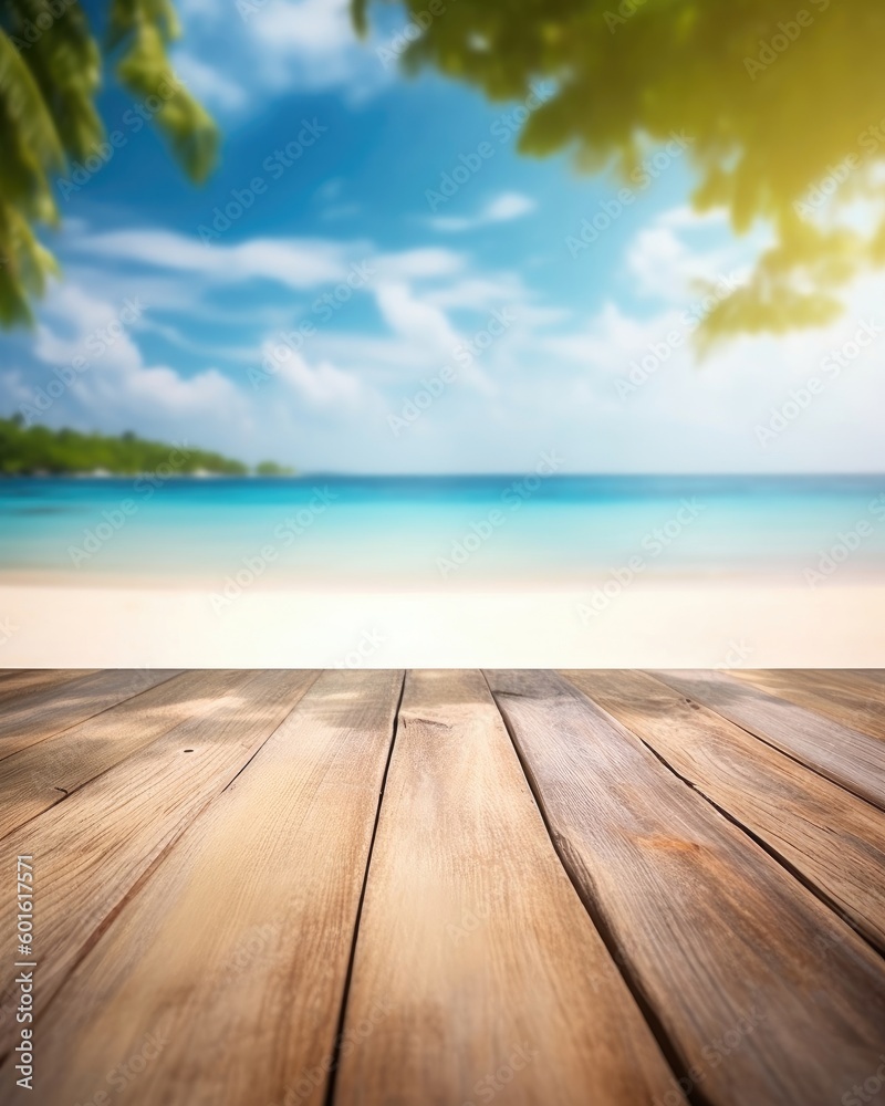 A summer beach background with a wooden table, perfect for product displays. (Generative AI) A summer beach background with a wooden table, perfect for product displays. (Generative AI)
