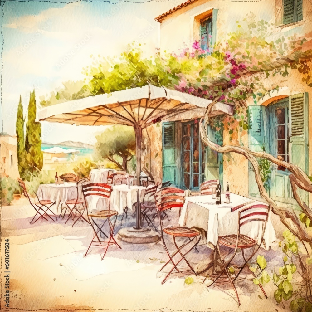A post-processed watercolor illustration depicts an empty outdoor restaurant/cafÃ© in Provencal style during summer. (Generative AI)