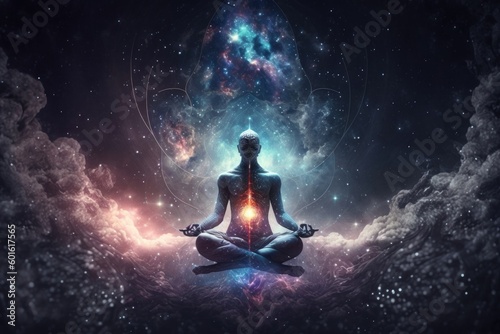 The 3D illustration shows a man meditating in lotus pose with a galaxy background for spiritual well-being.  Generative AI 