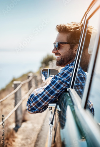 Obraz na plátne Road trip, travel and man in window of car driving for adventure, summer vacation and holiday