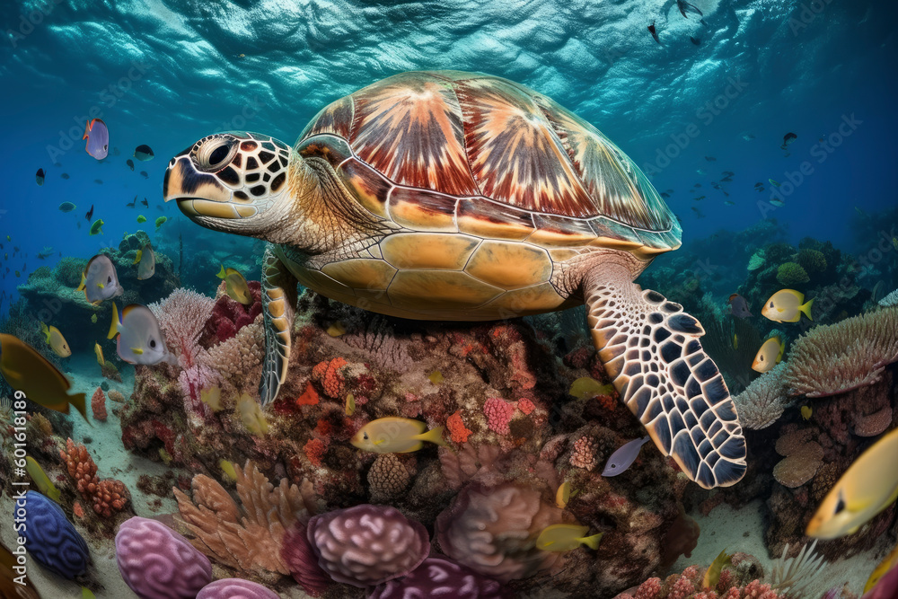 Obraz premium Meeresschildkröte auf farbenfrohem Korallenriff