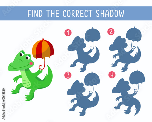 Find correct shadow. Educational puzzle game for children. Cute crocodile with umbrella. Cartoon style illustration. Isolated character for design. Vector illustration.