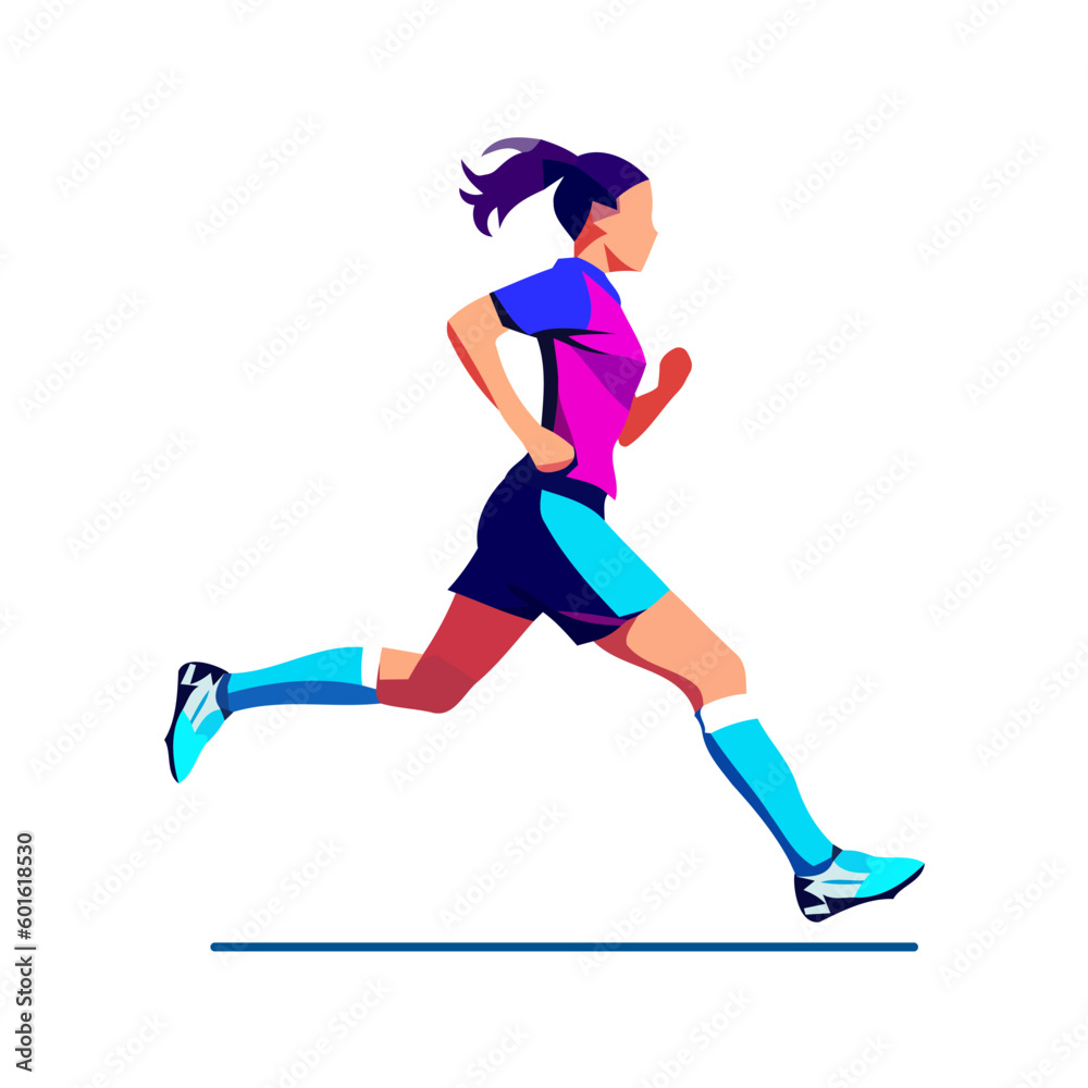 Running woman character, vector illustration.
