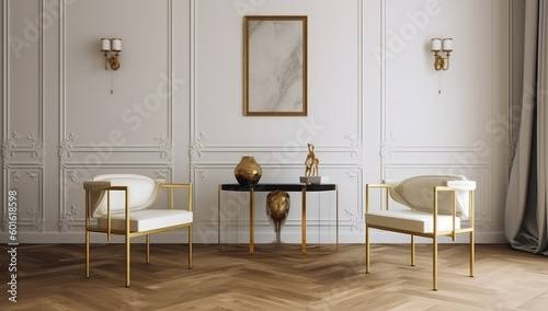  a living room with two white chairs and a coffee table, in the style of danish golden age, elegant, generative AI