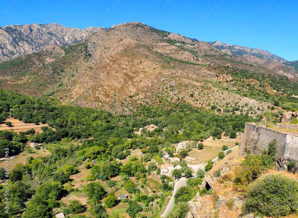 Panoramic view of the mountains and Monte Cinto from the citadel of Corte on the island of Corsica, nicknamed the island of Beauty