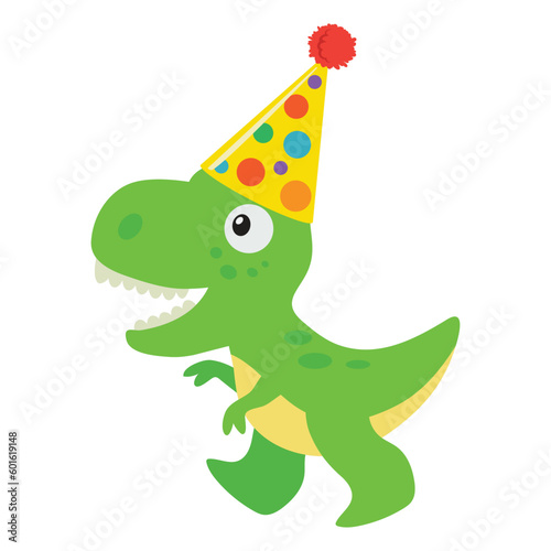 Cute little birthday baby tyrannosaur vector cartoon illustration